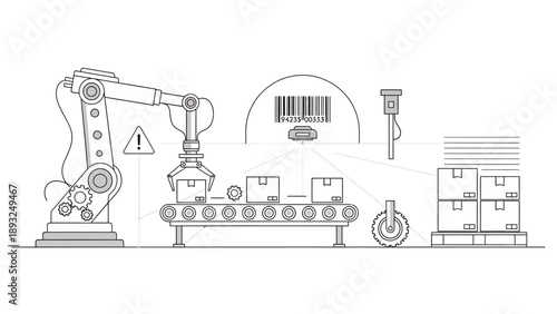 Industrial automation system with robotic arm and conveyor belt in a factory production line