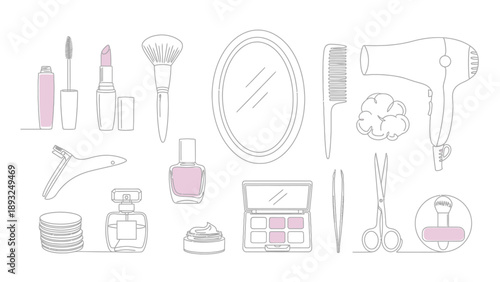 Minimalist continuous line art of various beauty and cosmetic products for personal care.
