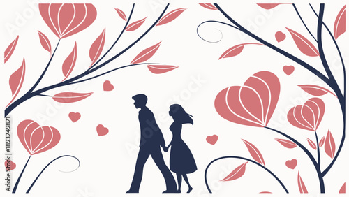 Romantic Couple Walking with Floral Hearts Illustration