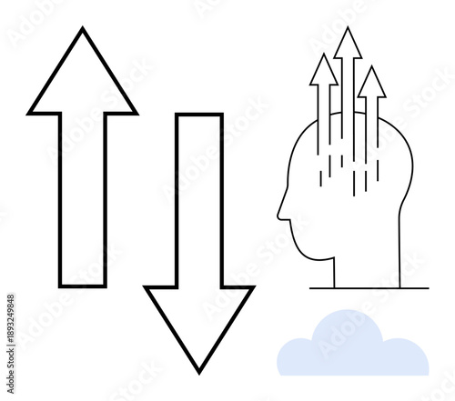 Growth and decline concept. Arrows showing upward and downward trends with a human head innovation and arrows pointing upward. Growth concept for data, progress, success, technology, innovation
