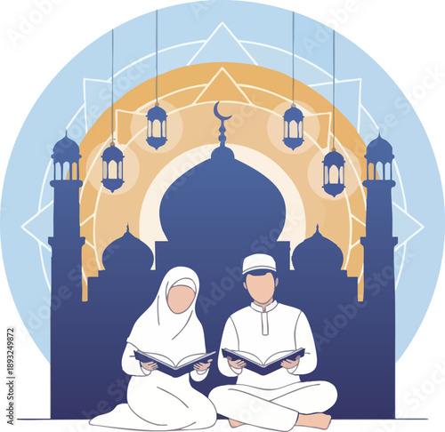 Muslim Couple Reading Religious Books in Front of Mosque Illustration