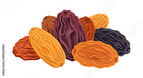 A colorful cluster of wrinkled raisins displays a mix of golden, russet, and deep purple tones with textured, shriveled skins