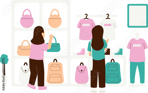 Women Shopping Chic Handbag and Casual Outfit at Fashion Boutique Store