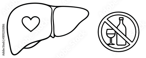 Line art health set featuring a human liver with a heart and an alcohol prohibition sign for medical campaigns
