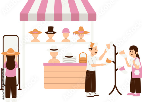 Outdoor Hat Tent Market Stall With Customers Trying Hats