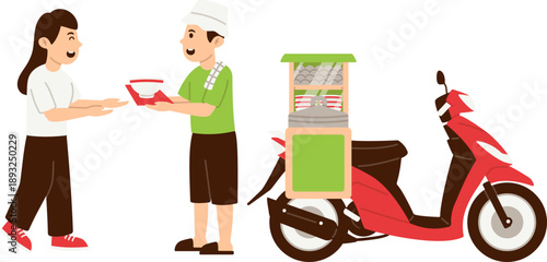 Penjual Keliling Sajikan Bakso ke Pelanggan