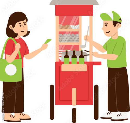 Ilustrasi Gerobak Bakso Keliling dengan Penjual dan Pembeli