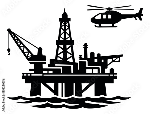 Stylized silhouette industrial elements set featuring an oil platform and a helicopter for oil and gas industry graphics