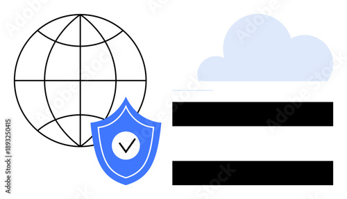 Globe grid, shield with checkmark, cloud, horizontal bars highlight internet security, data privacy, cloud storage. Ideal for cybersecurity, global connection, business safety secure hosting cloud