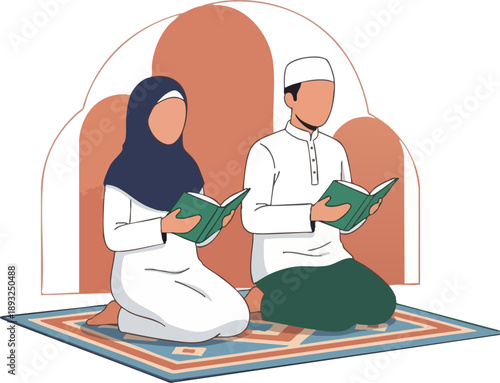 Muslim Family Reading Holy Book Together Flat Vector Illustration