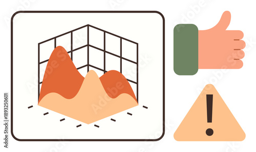 Business analytics, data evaluation, decision-making, risk management, approval, warning. Shows a 3D graph, thumbs-up and warning icon. Business analytics and risk management concept