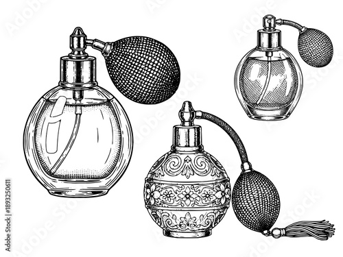 Vintage perfume atomizer engraving illustration for cosmetic branding