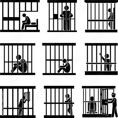 Set of prisoner in jail cell pictogram silhouettes