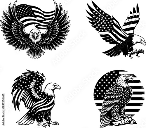 American bald eagle silhouettes with stars and stripes flag pattern