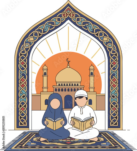 Muslim children reading Quran sitting on prayer rug illustration.