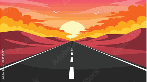Long Straight Road to Horizon with Sunset Sky and Mountains, Travel Landscape Vector Illustration