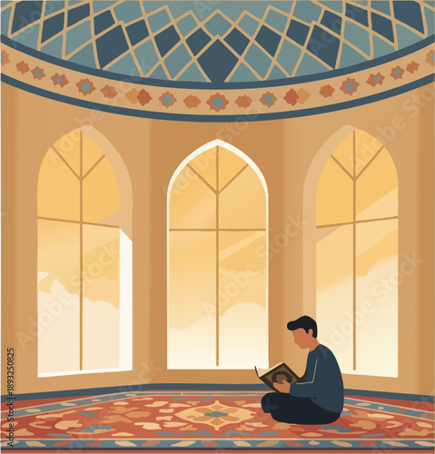 Muslim Man Reading Holy Book Inside Traditional Mosque Interior