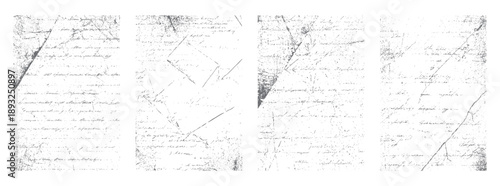 Four panels of distressed vintage handwritten script textures with diagonal lines and speckles paper