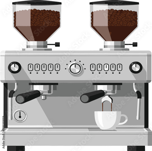 Modern professional silver espresso coffee machine with dual bean hoppers and a white cup being filled for cafe or barista equipment concepts.