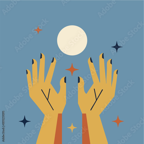 Mystical hands reaching for the moon and stars illustration.