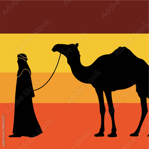 Arabian Traveler Leading Camel Silhouette Desert Sunset Graphic