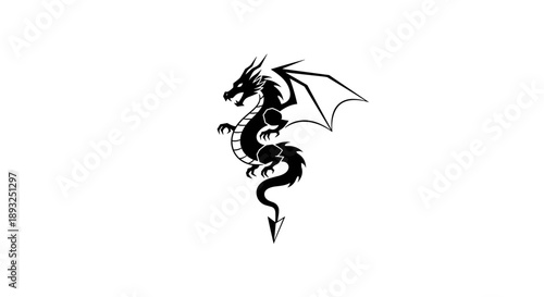 Black Silhouette of a Fierce Dragon with Wings.