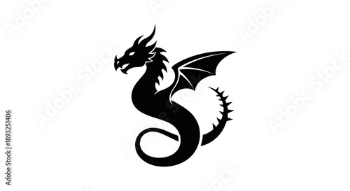 Black Silhouette of a Mythical Dragon with Wings.