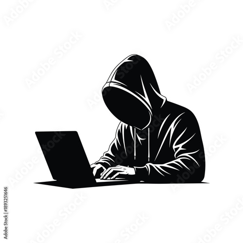 Hacker in Hoodie Using Laptop Silhouette, Cybersecurity and Hacking Concept Vector Illustration