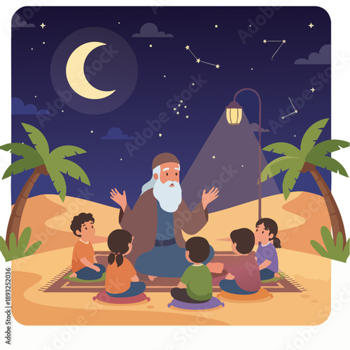 Traditional Storyteller and Children Under Night Desert Sky