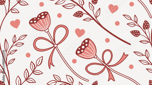 Cute Floral Bow with Hearts Seamless Pattern