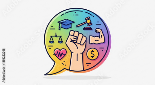 Colorful speech bubble with clenched fist and various symbols for education finance and empowerment on white background