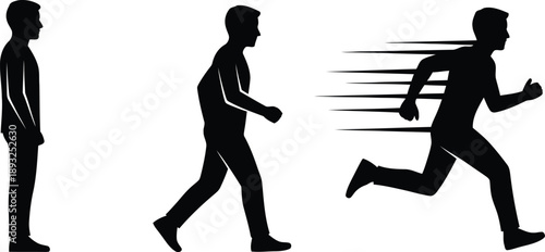  Silhouette of man sequence standing, walking, and running with speed lines, representing human motion evolution, progress, fitness, active lifestyle, speed, and kinetic energy development.