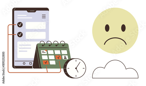 Time management, productivity, mental health, work-life balance, task planning, emotional well-being. a calendar, clock checklist on a tablet and a sad face. Time management and productivity
