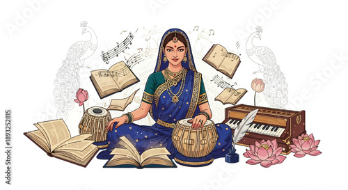 Illustration of goddess Saraswati sitting with musical instruments and books, celebrating Vasant Panchami and Saraswati Puja in a cultural Indian setting with traditional dress and flowers.