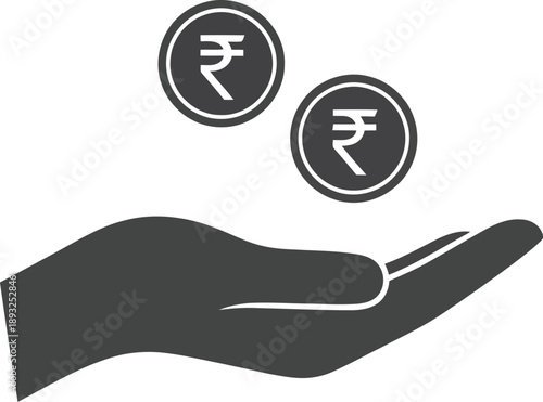 Indian rupee coins in hand icon: finance, saving, income, payment vector symbol