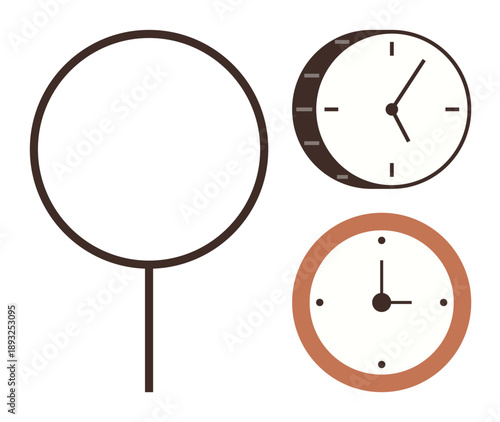 Time management, design elements, scheduling, punctuality, business, work balance. Three simple clock graphics with analog dials. Time management and design elements concept