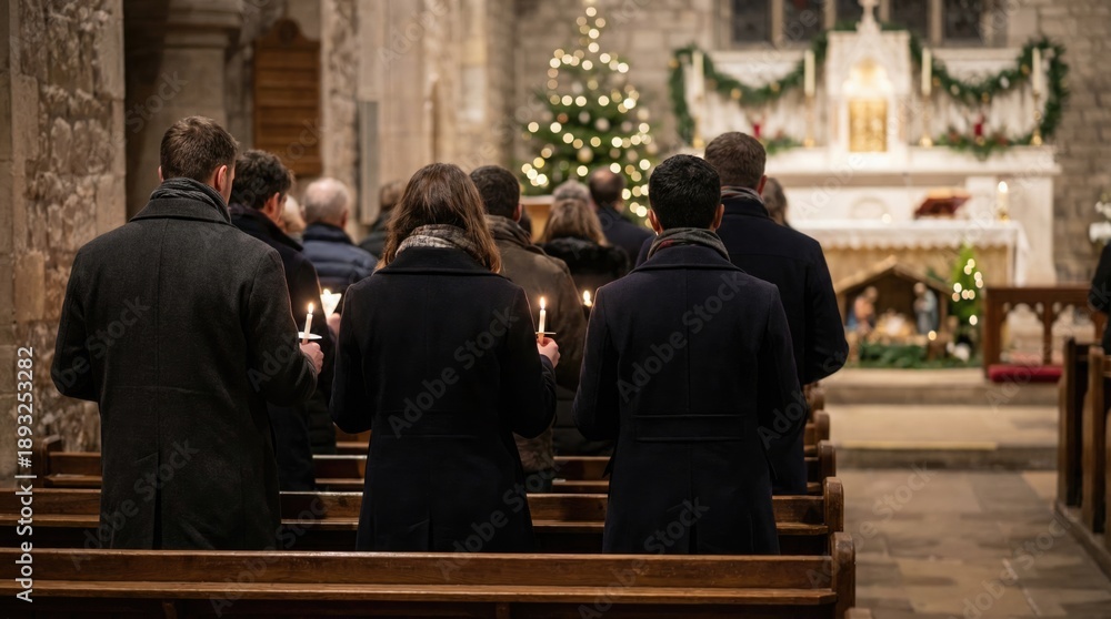 Fototapeta premium A group of people holding candles in a church during a Christmas service. The scene is decorated with a Christmas tree and festive ornaments.