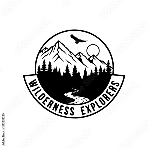 Mountain landscape with wilderness explorers logo - vector illustration
