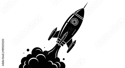 Black Silhouette Rocket Launching into Space with Smoke.