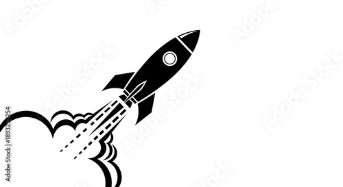 Black Silhouette Rocket Launching into Space with Smoke Trails.