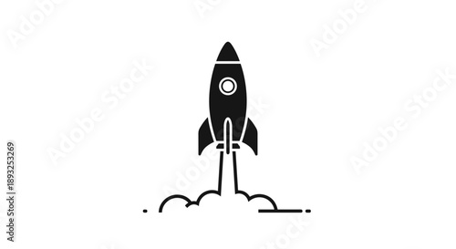 Black Silhouette Rocket Launching Upwards with Smoke Trails.