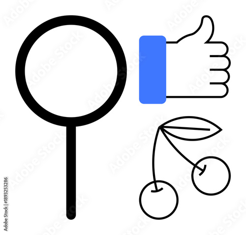 Search concept. Magnifying glass, thumbs up, and cherries emphasizing search, approval, and nature . Search icons exploration, approval culture and natural elements. For apps branding marketing