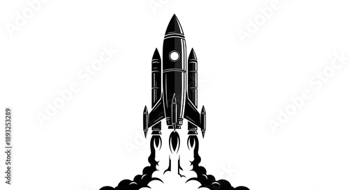 Black Silhouette Rocket Ship Launching Upwards with Smoke Trails.
