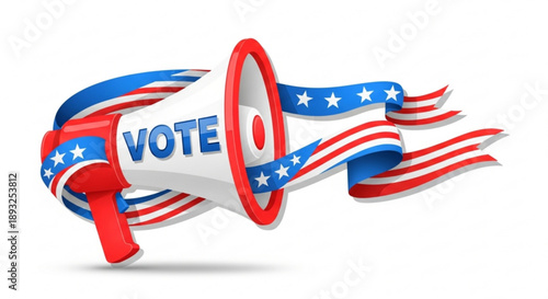 American voting megaphone with patriotic ribbon and stars