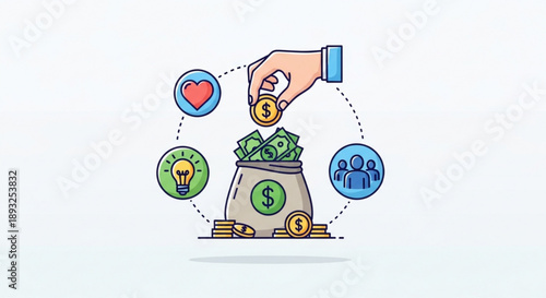 Hand putting coin into money bag with finance icons around it