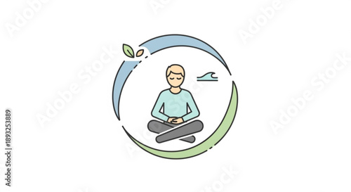 Person meditating in lotus position surrounded by circular green blue leaves