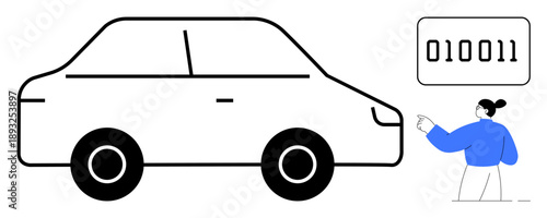 Automotive technology, digital transformation, binary data, human interaction, intelligent systems, innovation. Minimal car design with a woman pointing to binary data. Automotive technology