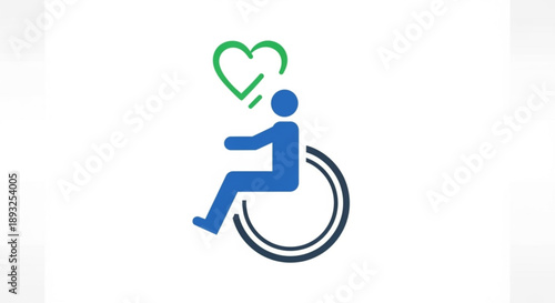 Blue disabled person icon in wheelchair with green heart symbol above simple design white background care concept