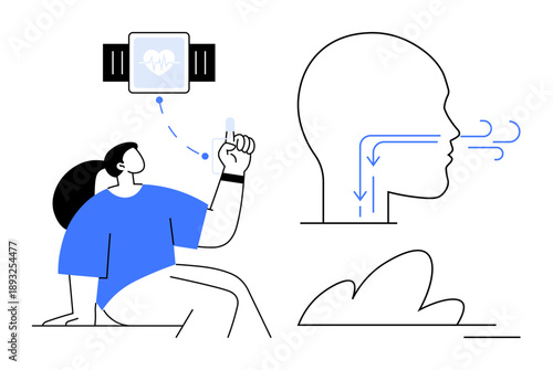 Health tracking, wearable technology, fitness, wellness, breathing exercises, digital health. Person using device, head outline with airflow. Health tracking and wearable technology idea
