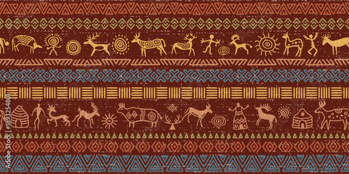 Seamless ethnic background, rock paintings and geometric ornament, naive art, vector design